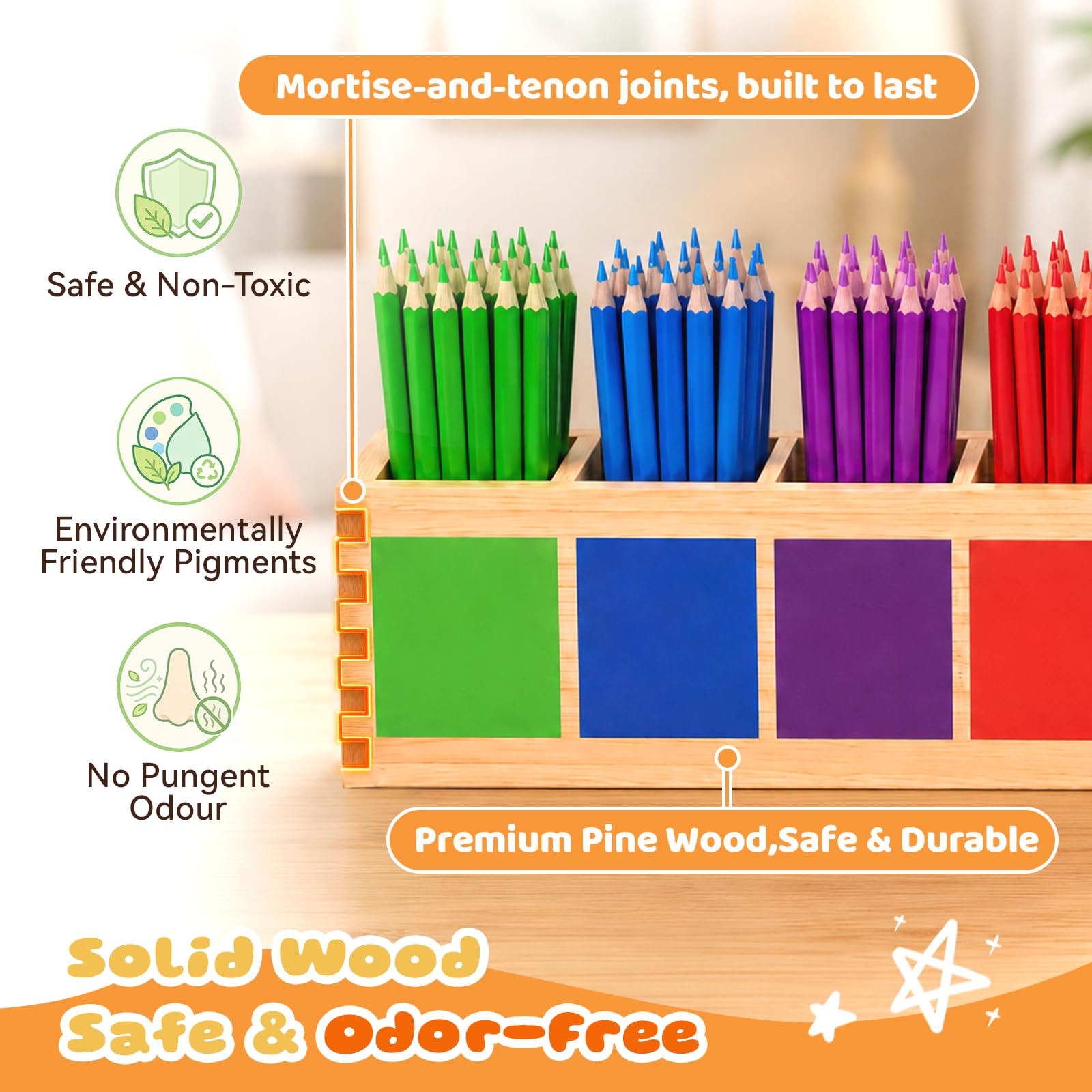 Pot à Crayons de Couleur en Bois 73 x 8 x 9 cm, Montessori Pot à Crayon Bois Massif à 11 Compartiments Rangement de Bureau pour Crayons de Couleur et Pinceaux, Idéal pour École Bureau Maison