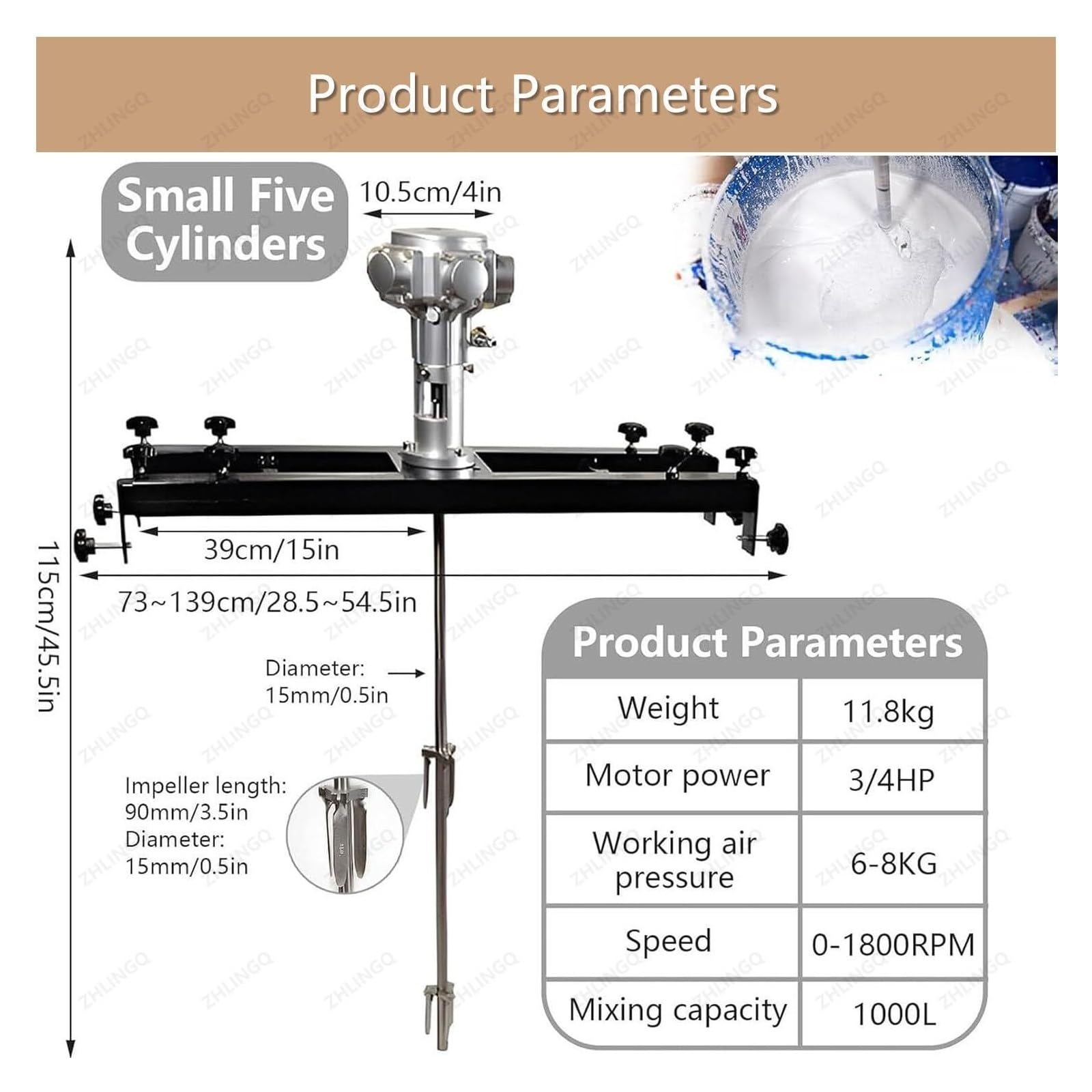 Miscelatore Elettrico per Serbatoi, Miscelatore per Vernici, Miscelatore Pneumatico con Staffa, Elica Pieghevole, con Gancio di Supporto-Large5Cylinders