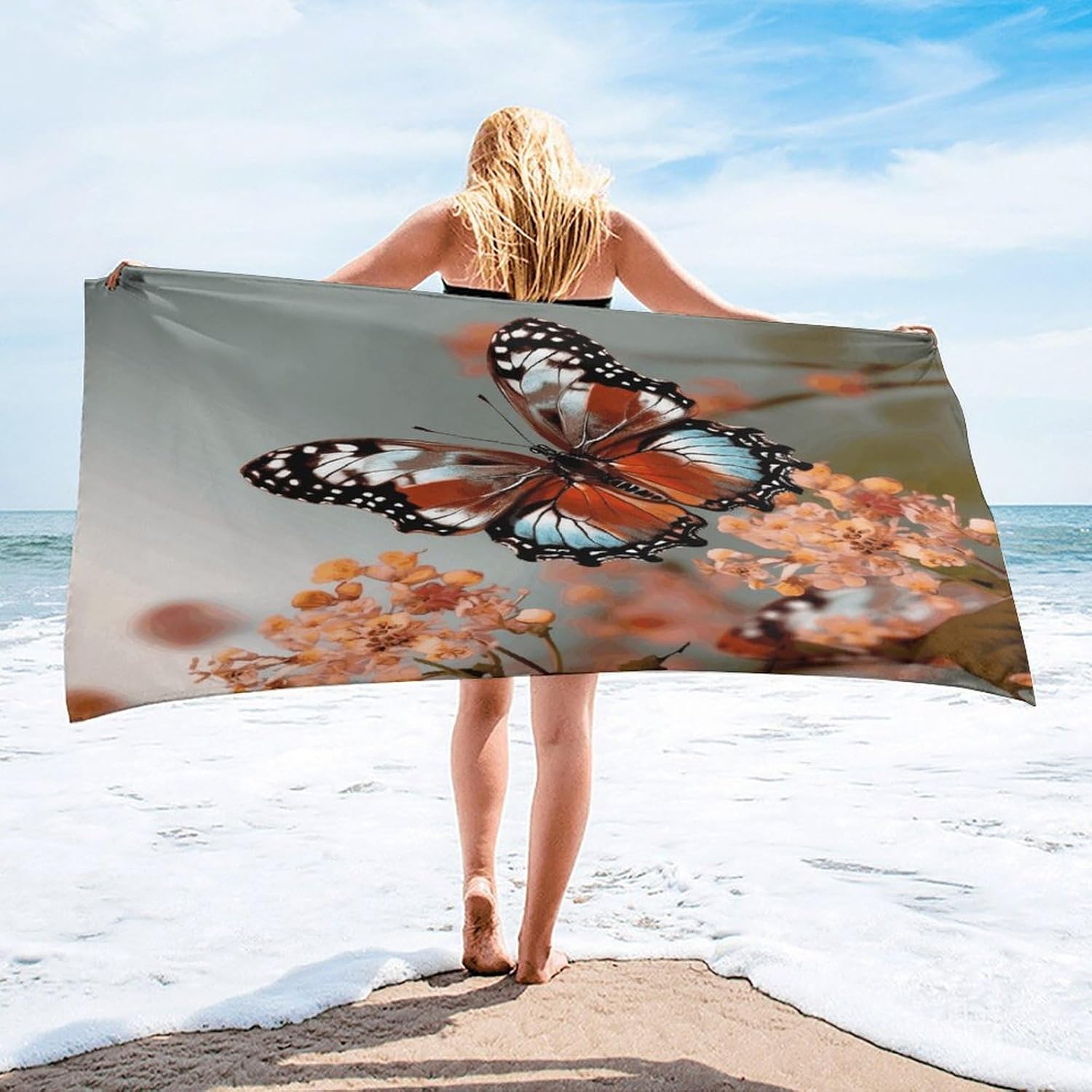 Butterfly Flowers Towel Vacation Accessories Essentials Soft Lighterweight，Bath Towel for Adults Women Men，Bath Towels Gift for All Occasions, Machine Washable.
