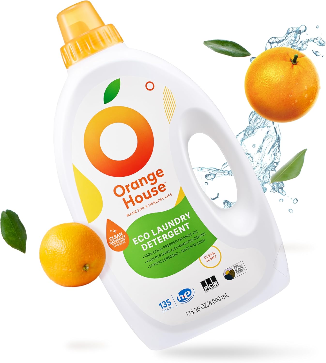 Orange House Liquid Laundry Detergent, Free and Clear, Natural Clean Laundry Detergent, Made of Orange Oil, Hypoallergenic Liquid Detergent No Harmful Chemical, 135.3 Fl Oz, HE & Standard Machine