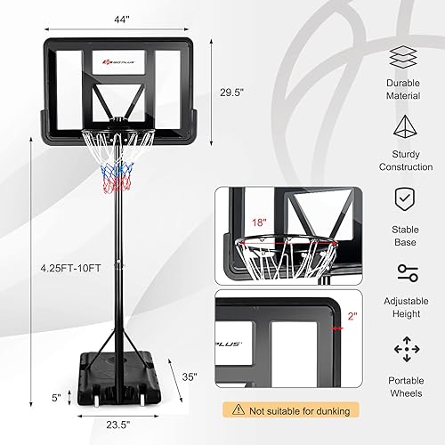 Miniatura 6 de Goplus Aro de baloncesto portátil, portería de baloncesto ajustable de altura de 10 pies con tablero trasero inastillable de 44 pulgadas, soporte de
