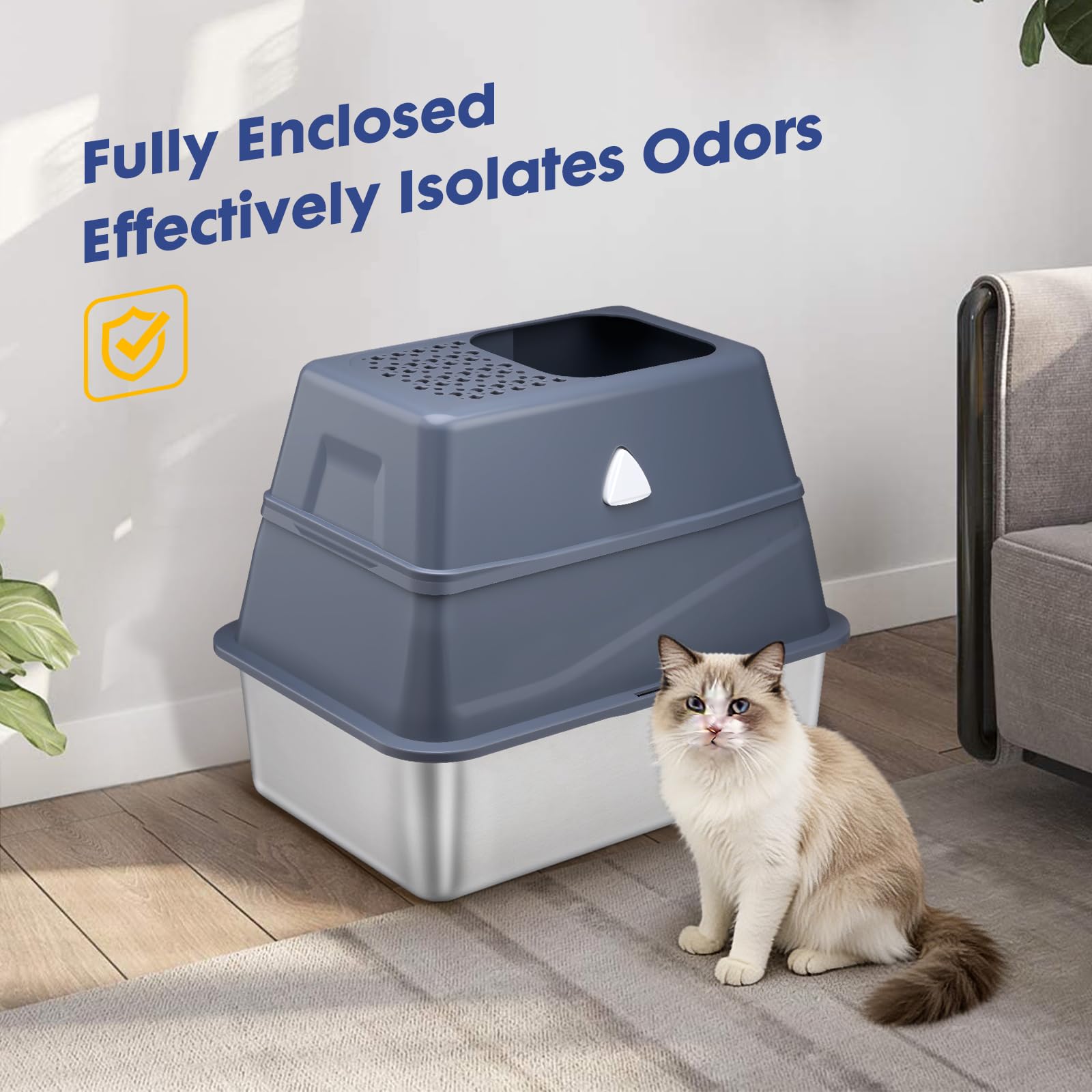 Modign Enclosed Stainless Steel Cat Litter Box with Lid, Top Entry Design,Dog Proof Protection for Cat Privacy, Includes Scoop, Suitable for Kittens, Medium or Normal Sized Cats (Grey) - image 7