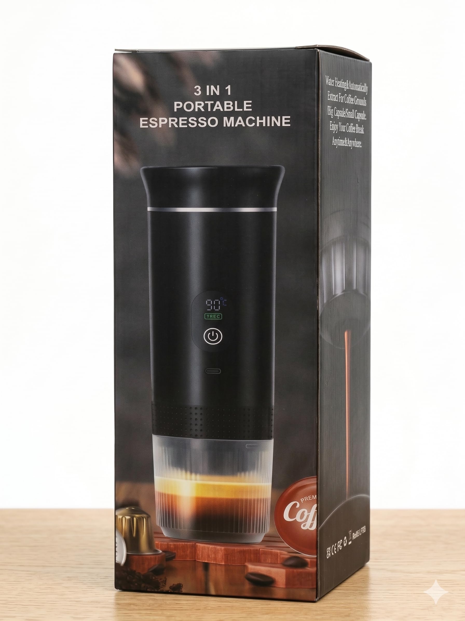 Macchina Caffè Portatile Espresso 3-in-1 - Riscaldamento Acqua Automatico 5 Min, Batteria 7500mAh, 20 Bar Pressione - Compatibile con Capsule Grandi, Piccole e Caffè Macinato - Per Auto, Viaggio, Uffi