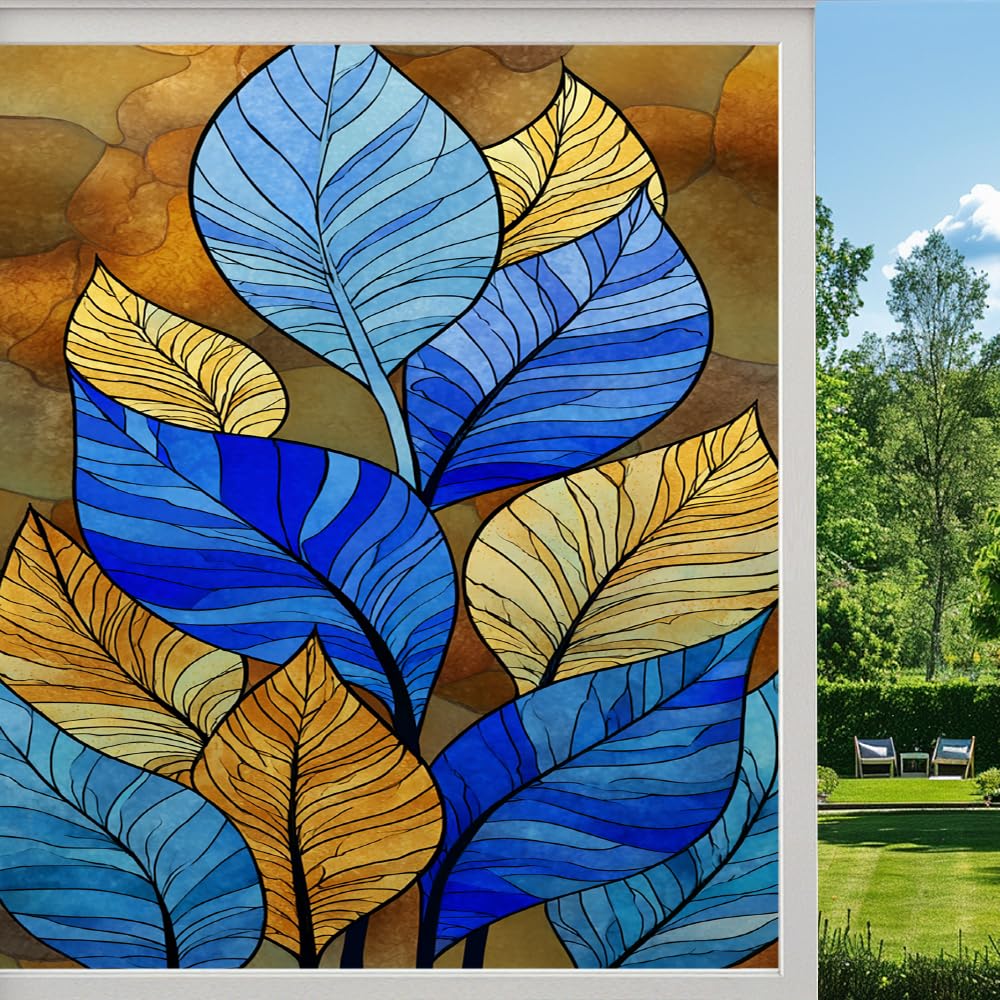 Pmlbaous Abstract Leaves Frosted Window Film, Natural Plant Texture Stained Glass Privacy Film, Heat Insulation Self-Adhesive Vinyl For Bathroom Office, （80X120cm）