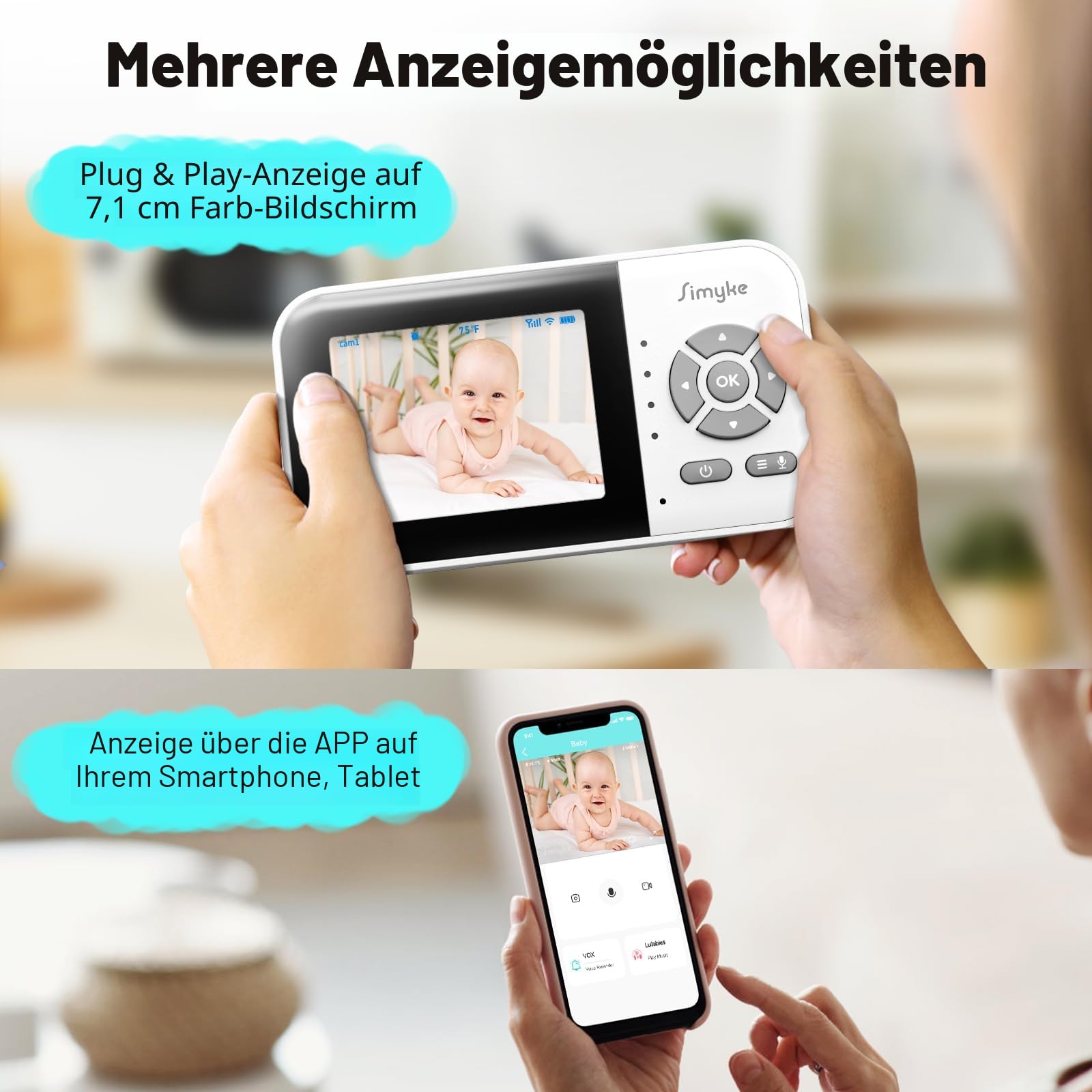 Simyke Babyphone mit Kamera, App und 2.8 Zoll Bildschirmsteuerung Baby Monitor, IR Nachtsicht & Temperatursensor, 2-Wege-Audio, VOX-Modus & Weinerkennung, Bis zu 1000ft