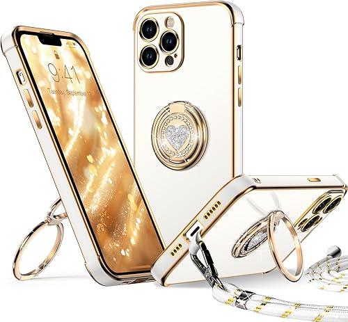 Miniatura 33 de XYZ Funda para iPhone 14 con soporte, funda para teléfono con soporte de doble anillo, para mujeres y niñas, funda transparente con purpurina de Oro