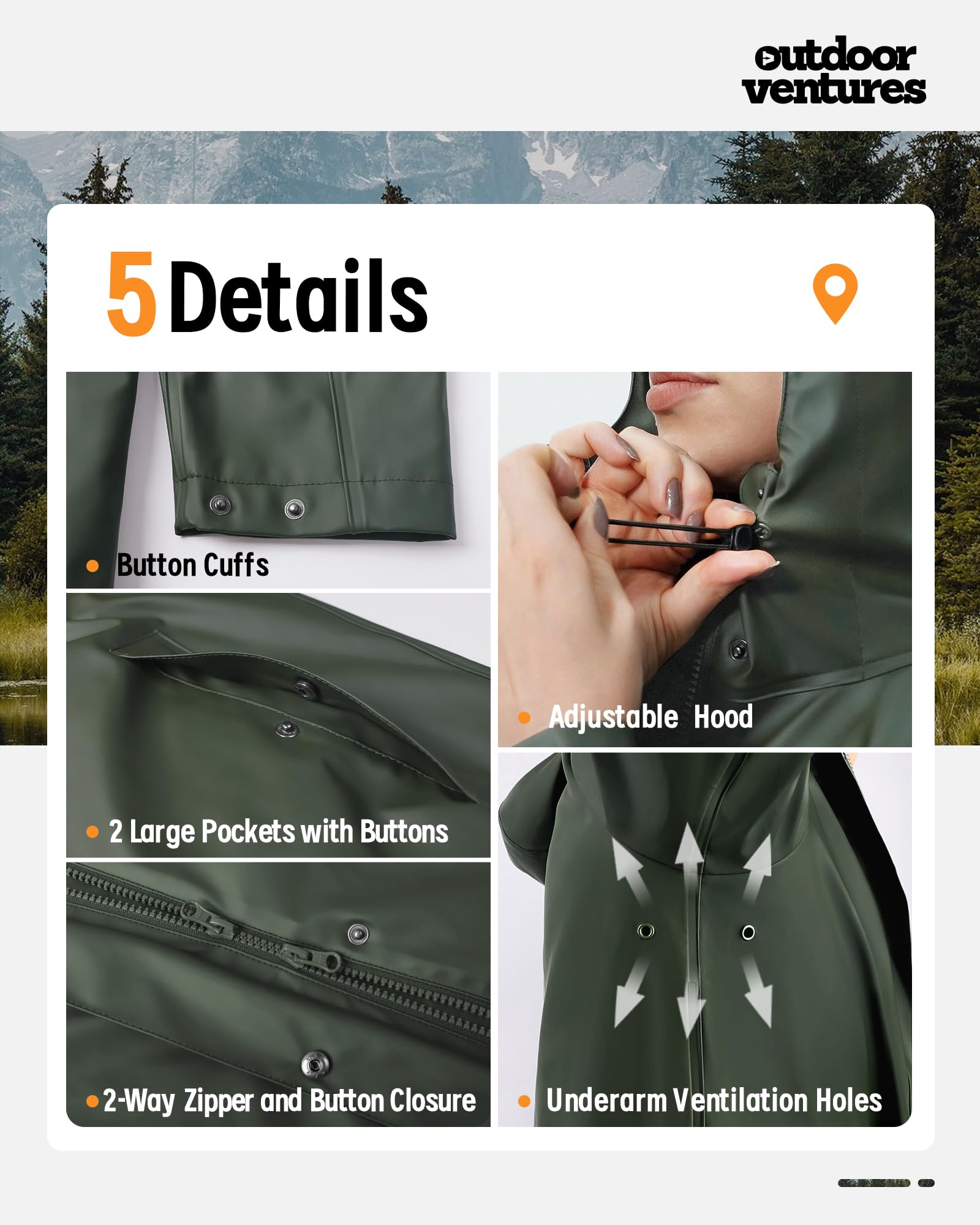 Outdoor Ventures Płaszcz przeciwdeszczowy PU dla kobiet, outdoorowy, damski, wodoszczelny, wiatroszczelny, płaszcz z kapturem, na wędkowanie, wędrówki, kemping