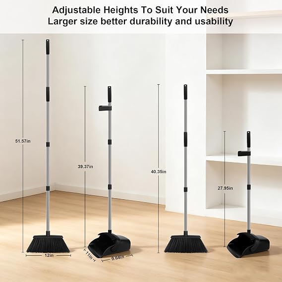 Black Broom and Dustpan Set 2 Pack, Long Handle Floor Cleaning