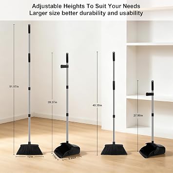 Black Broom and Dustpan Set 2 Pack, Long Handle Floor Cleaning