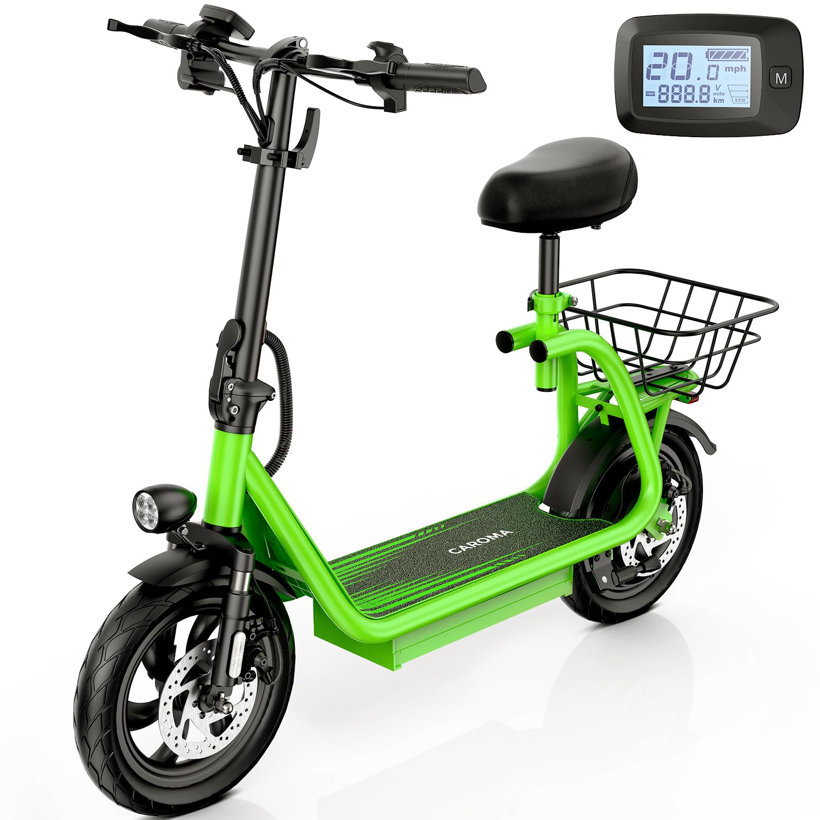 Caroma Peak 1200W Electric Scooter with Seat, LED Display and 3 Speed Modes,500Wh Battery up to 30Miles, Foldable Electric Scooter with Basket & Height Adjustable Seat