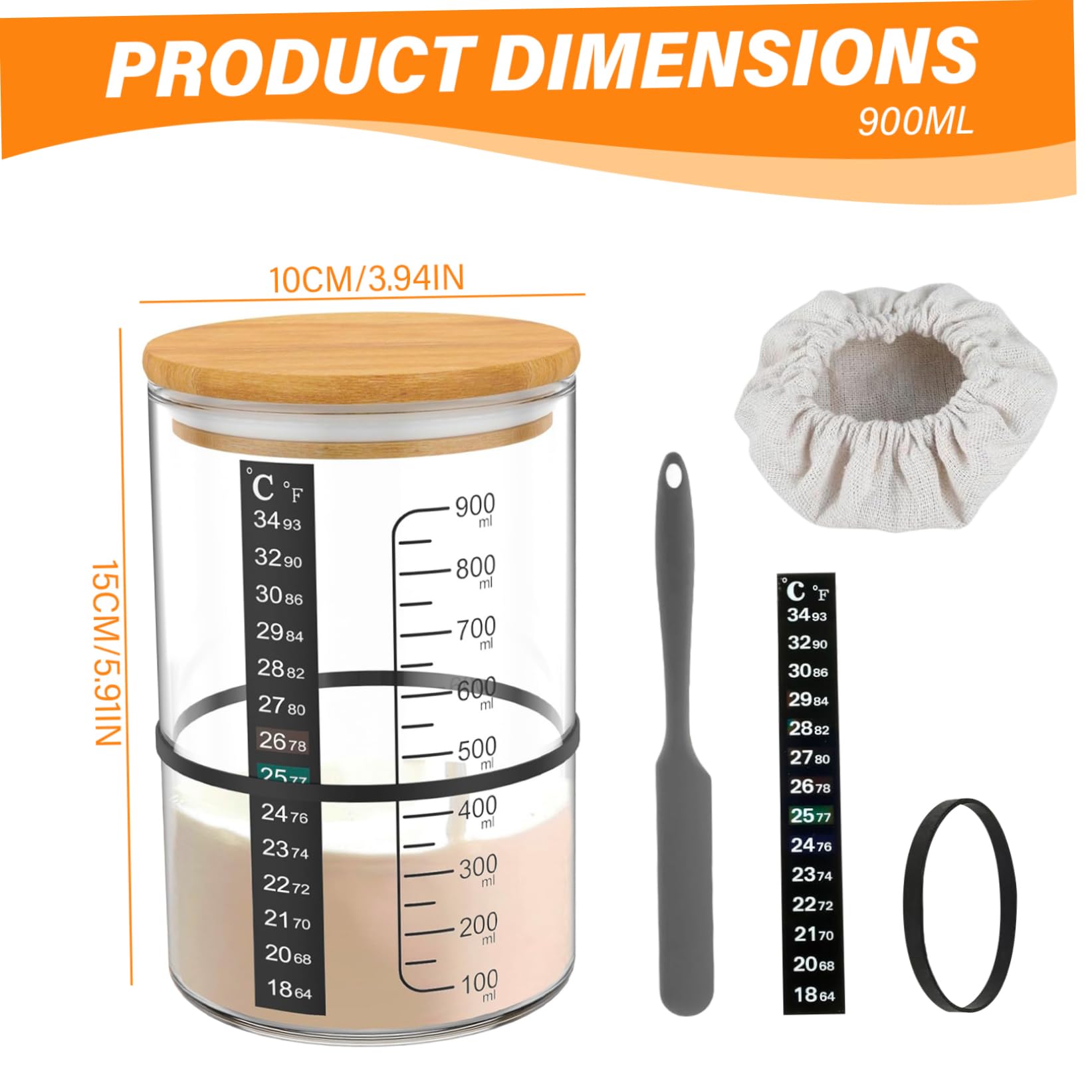 Kit iniziale per lievito naturale, barattolo iniziale per lievito naturale in vetro da 900 ml, contenitore a bocca larga, barattolo in vetro riutilizzabile con coperchio, termometro, raschietto