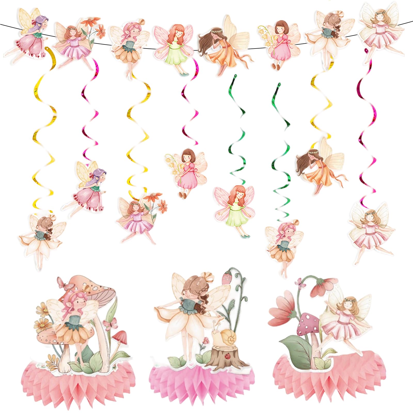 ZYEKIU 19 Pieces Fairy Birthday Decoration for Women, Pink Party Decorations Garland Set with Honeycomb Centrepiece, Enchanted Afternoon Tea Decorations for Girls Wonderland Theme Party