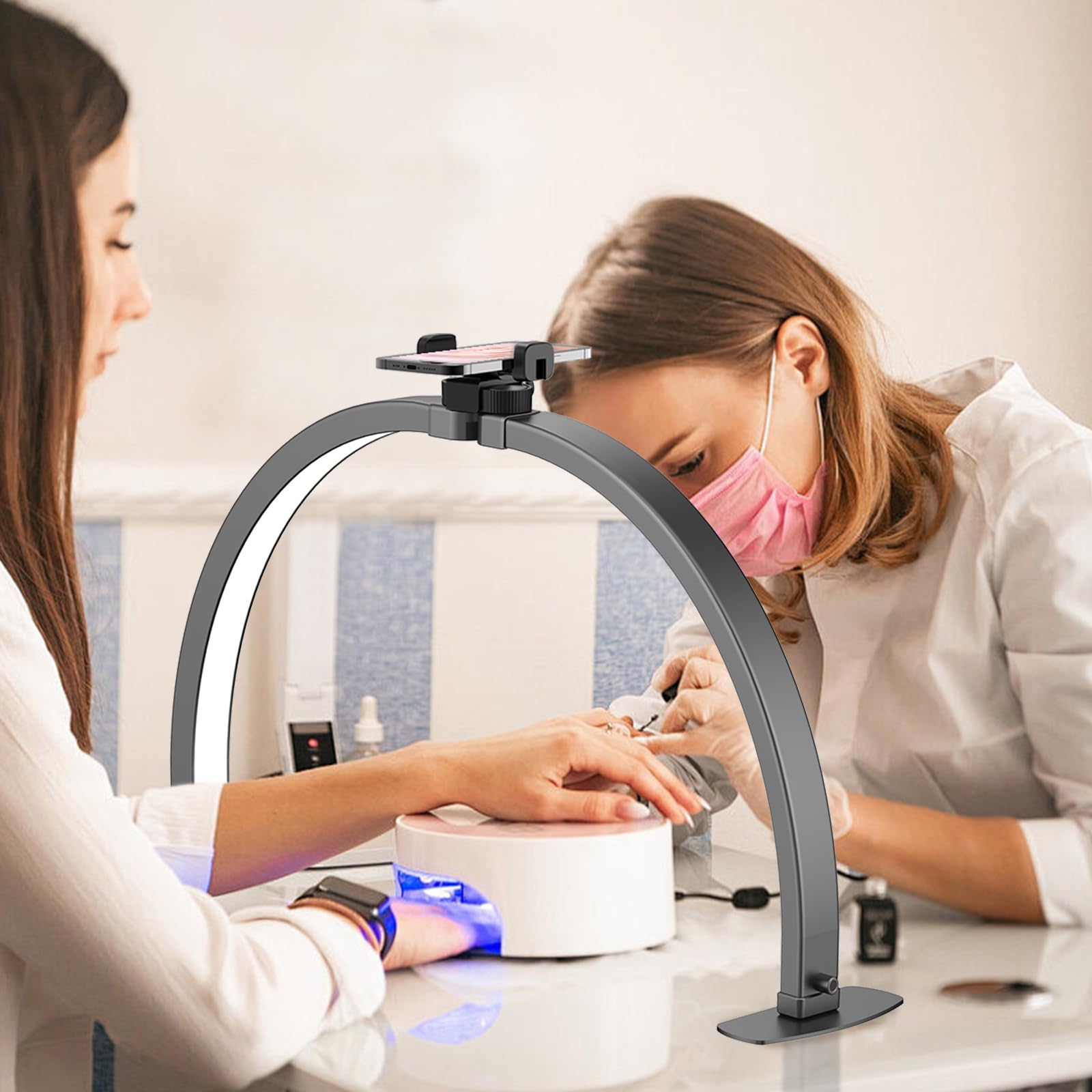 Halbmond Lampe für Nagel Schreibtisch, 74CM Faltbare LED Nageltischlampe für Nail Tech mit Telefonhalter, Halbmond Licht Ästhetiker Wimpern Licht für Wimpernverlängerungen, Tattoo (Schwarz)