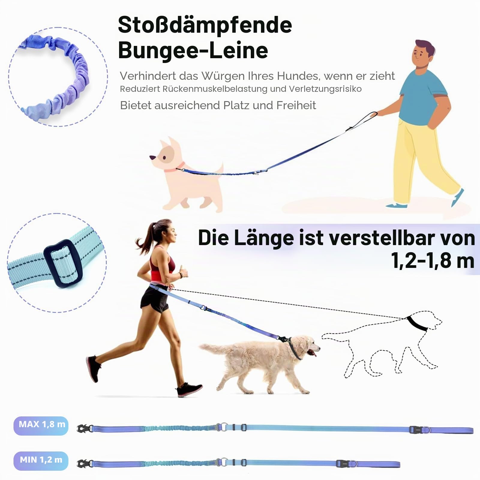 Strapazierfähige Hundeleine mit Schnellverschluss-Karabiner und verstellbarem Bungee-Zugband, für Spaziergänge und Training, mit Auto-Sicherheitsgurt, 1,2 - 1,8 m, Violett