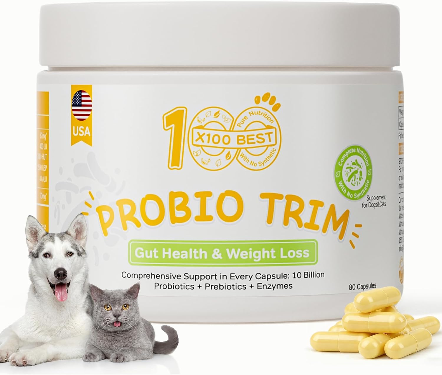 Probiotics for Dogs & Cats - 33.3B CFU, 11 Patented Strains & 4 Digestive Enzymes - Digestive & Gut Health, Immune Support, Cholesterol Metabolism & Weight Management - 80 Capsules