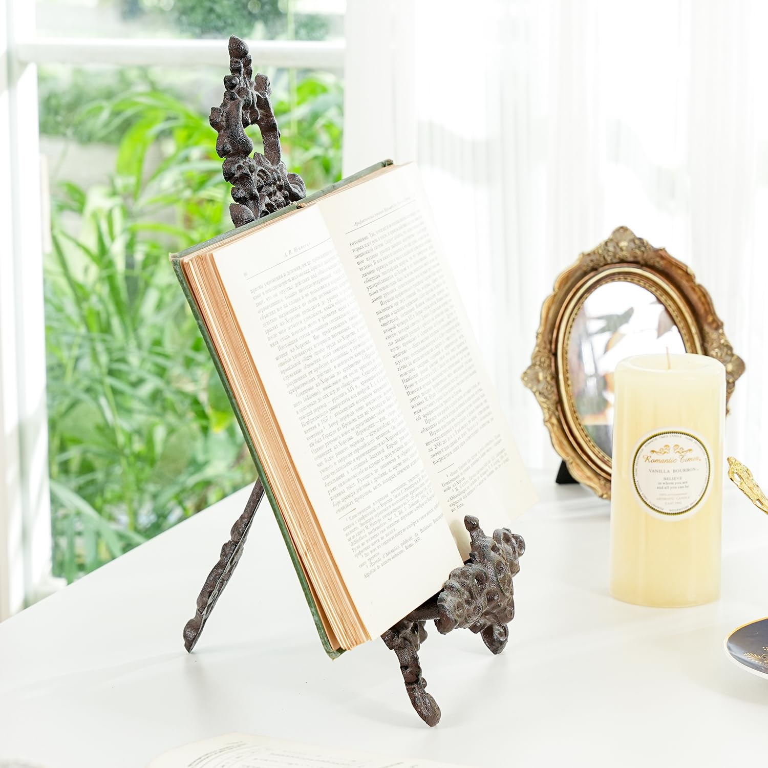 Sungmor Stojak na książkę kucharską w stylu vintage, mały, ozdobny stojak na sztalugę Fleur De Lis, wysoki uchwyt ekspozycyjny na książkę kucharską o średnicy 39 cm