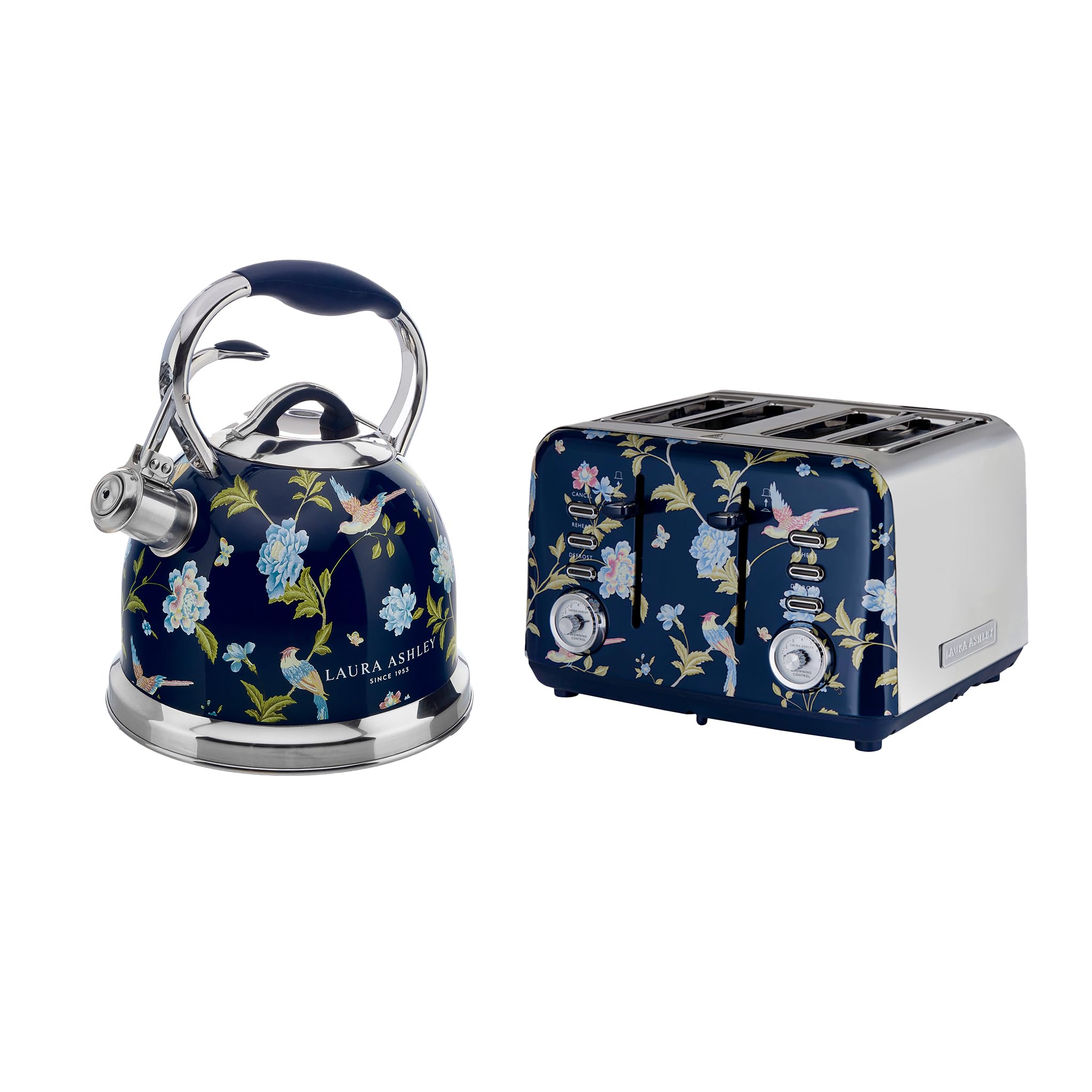 Laura Ashley VQ Bouilloire Sifflante Inox 2,5 L Grille-Pain 4 Tranches Décongélation Réchauffage Elveden Bleu