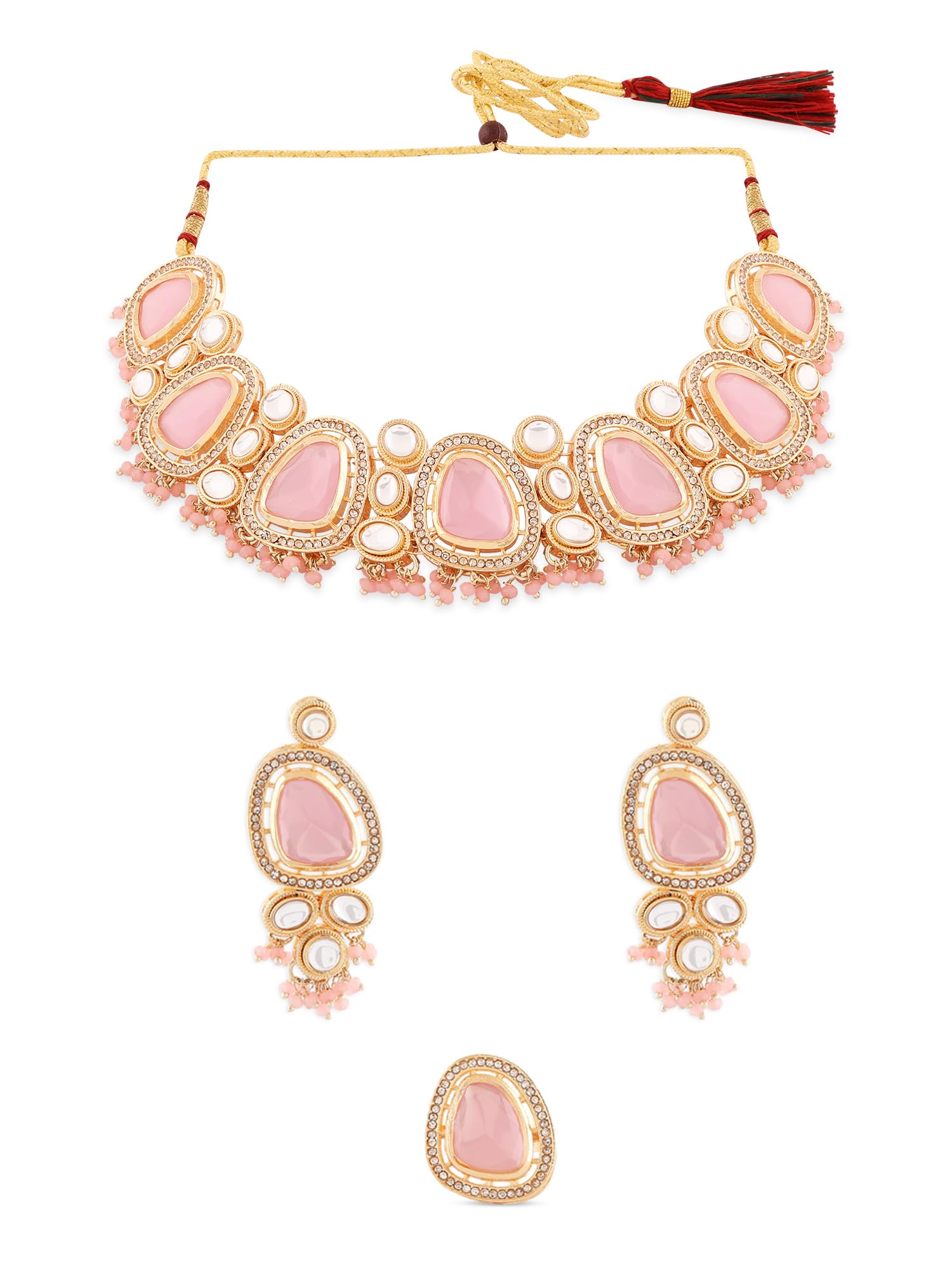ZAVERI PEARLS Pink Artificial Stones & Beads Choker Embellished Necklace Earring & Ring Set For Women-ZPFK17094 (B0CPXVM9VD) Amazon Price History, Amazon Price Tracker