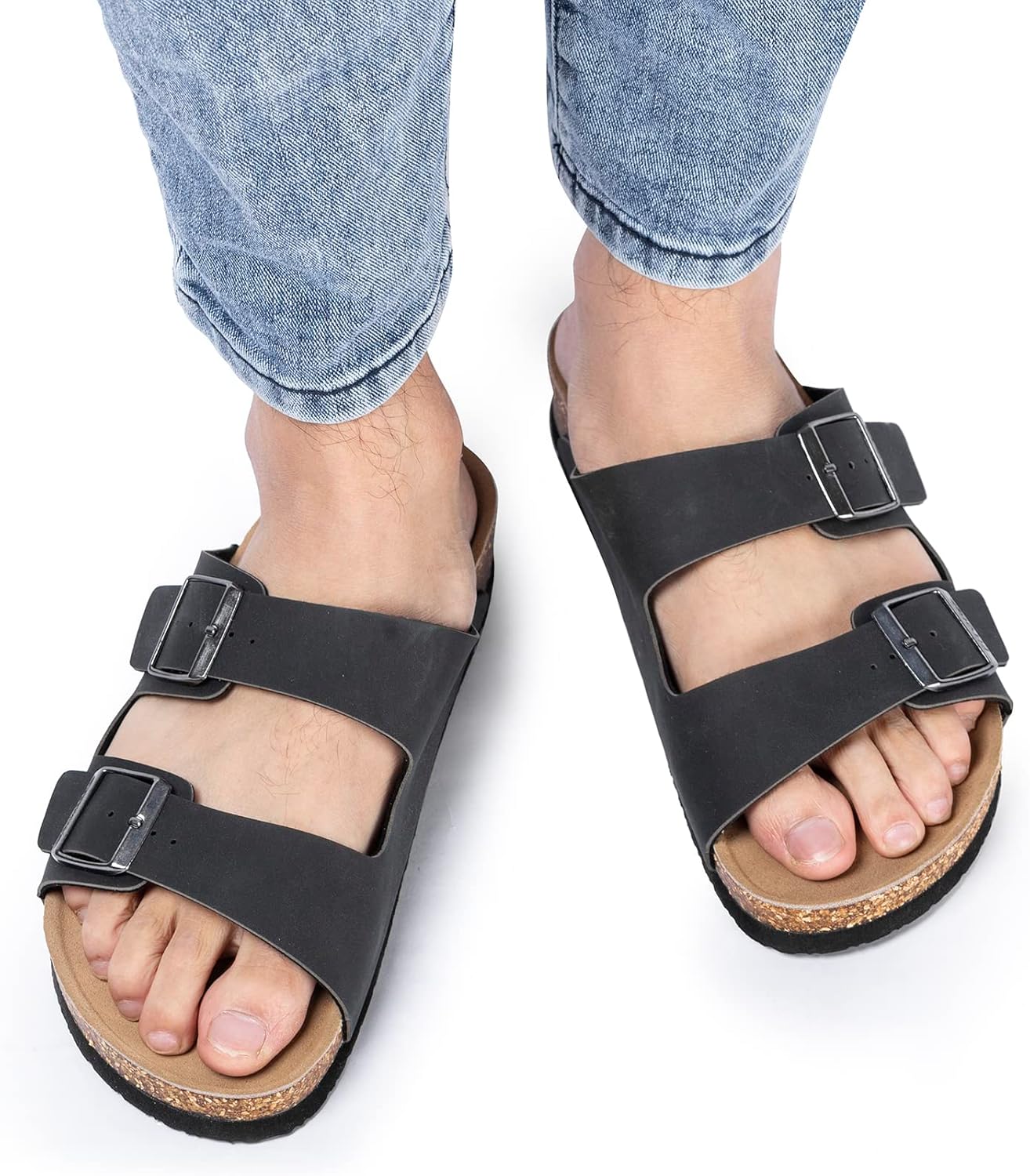 FITORY Mens Leather Insole Sandals with Two Buckles,Open Toe Slides for Indoor and Outdoor Size 7-14.5 - Image 2