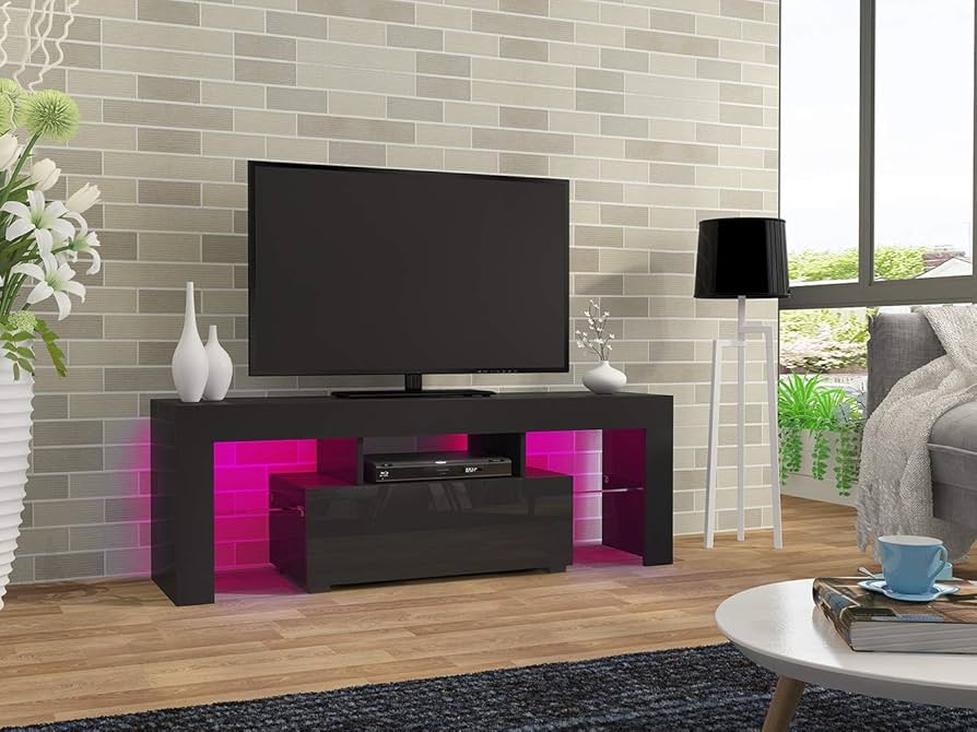 Panana Tv Unit Cabinet Sideboard Glass Shelf Storage Modern Stand Matt Body And High Gloss Doors 120 Cm With 16 Color Rgb Led Lights Black