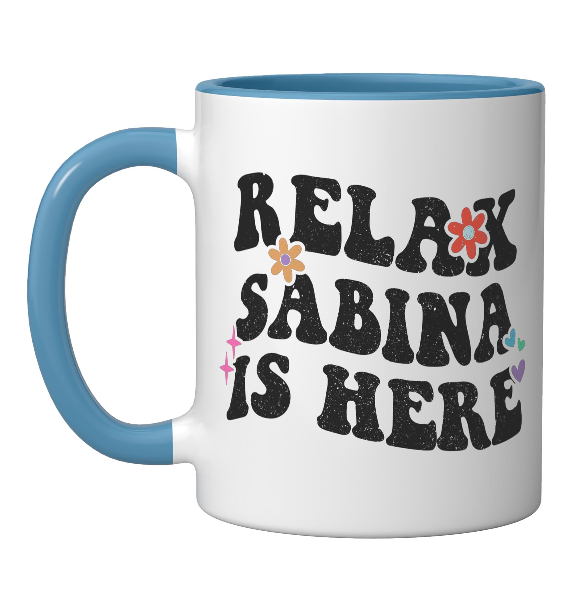Retro Groovy Relax SABINA Is Here Funny Mother's Day Name Ceramic Mug, Blue/White, 11oz