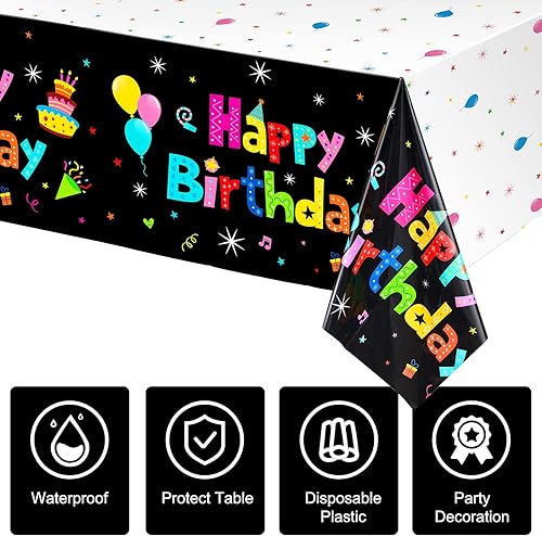 Miniatura 4 de Tegeme Mantel de 3 piezas de feliz cumpleaños, colorido arco iris, funda de plástico desechable negro para mesa de feliz cumpleaños para fiestas,