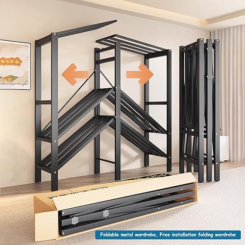 Miniatura 4 de Perchero cubierto resistente con puerta magnética, 1500 libras, plegable, portátil, para colgar ropa, perchero de metal negro sobre ruedas, sistema