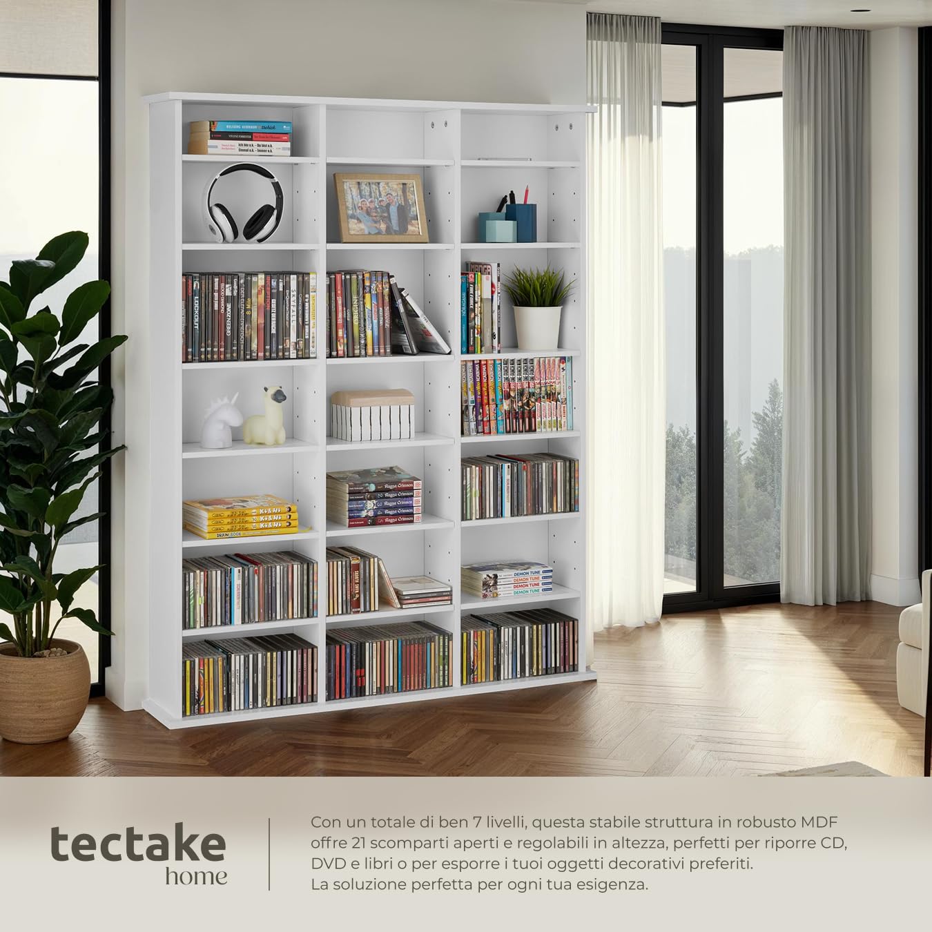 tectake® Scaffale Verticale per CD/DVD, 18 Ripiani Regolabili, Costruzione Stabile in MDF, Supporto Anticaduta, Bianco Opaco, 105,5 x 19 x 136,5 cm, Per Archivio Libri e Documenti - Bianco Opaco