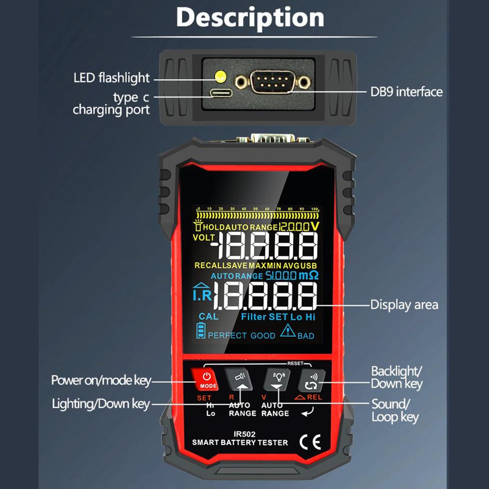 Tester digitale per batteria per auto, con tensione da 0 a 120 V CC e misurazione della resistenza interna da 0 a 500 Ω, allarme basso-alto, indicatore di salute, per moto,