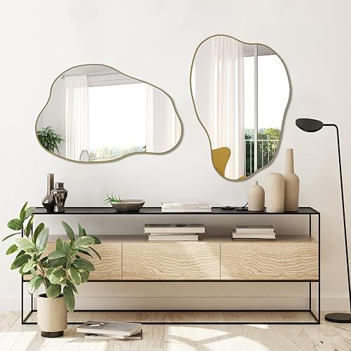 Miniatura 2 de POZINO Espejo irregular dorado, espejos en forma de nube de 30 x 20.5 pulgadas, espejo de pared asimétrico, espejos abstractos modernos sin marco