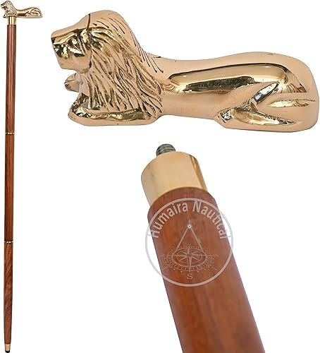 Humaira Nautical Bastón de latón antiguo de 36 pulgadas, estilo antiguo, hecho a mano, tallado a mano, diseño de dragón, caña y mango de madera,