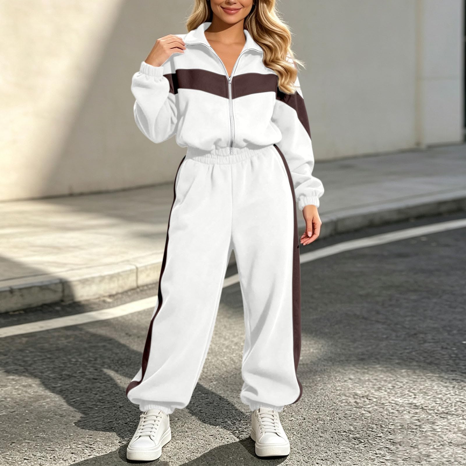 Tuta Donna Sportiva Completo Jogging Giacca e Pantaloni 2 pezzi | Righe Tute, Colori a Contrasto Cappotto con Cerniera e Pantaloni con Cintura Elastica Set Due Pezzi per Autunno e Inverno
