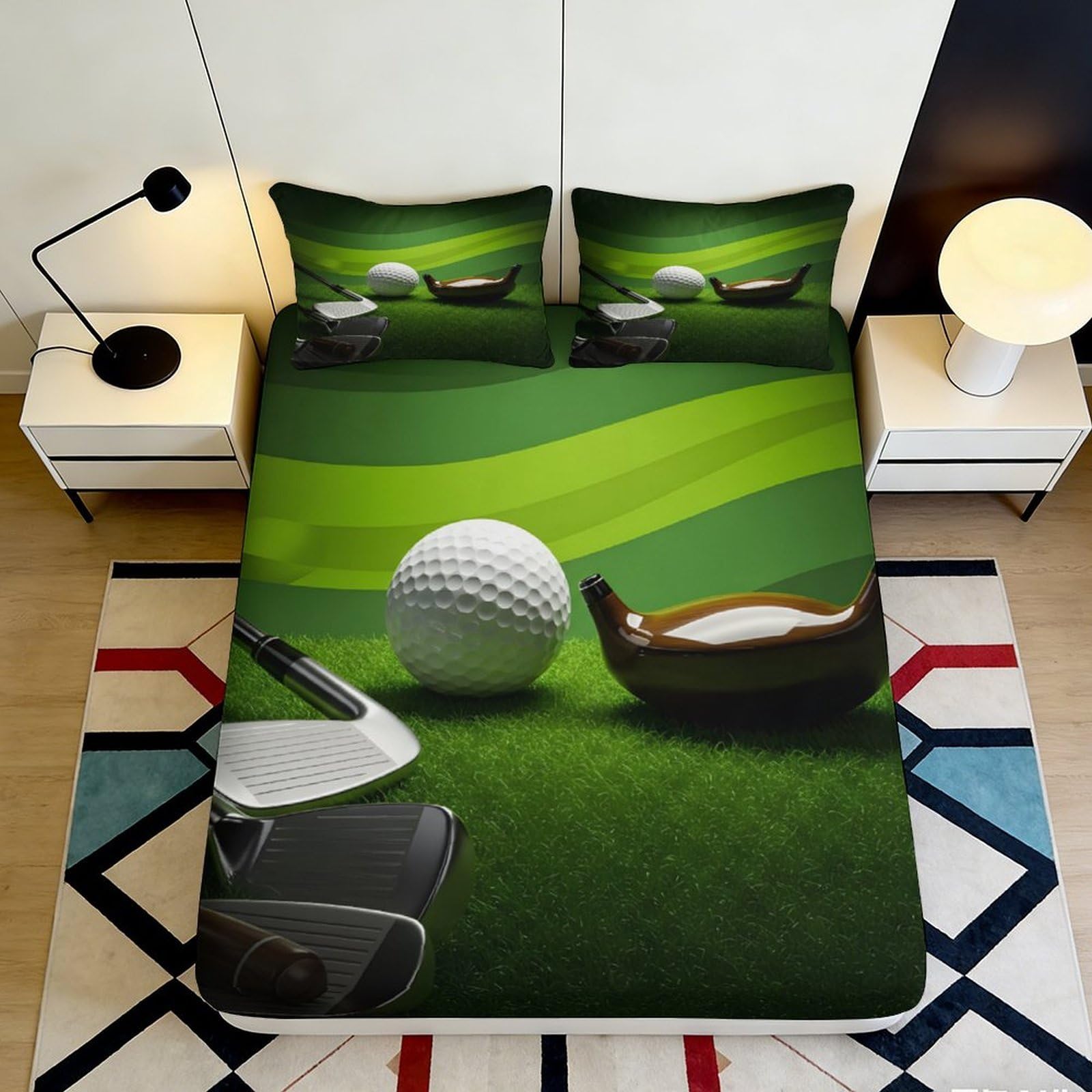 3D Printed Golf Ball Green Fitted Sheet Microfiber Soft Bed Cover Golf Club Pattern Bedroom Dorm Mattress Protector 90x200x25cm