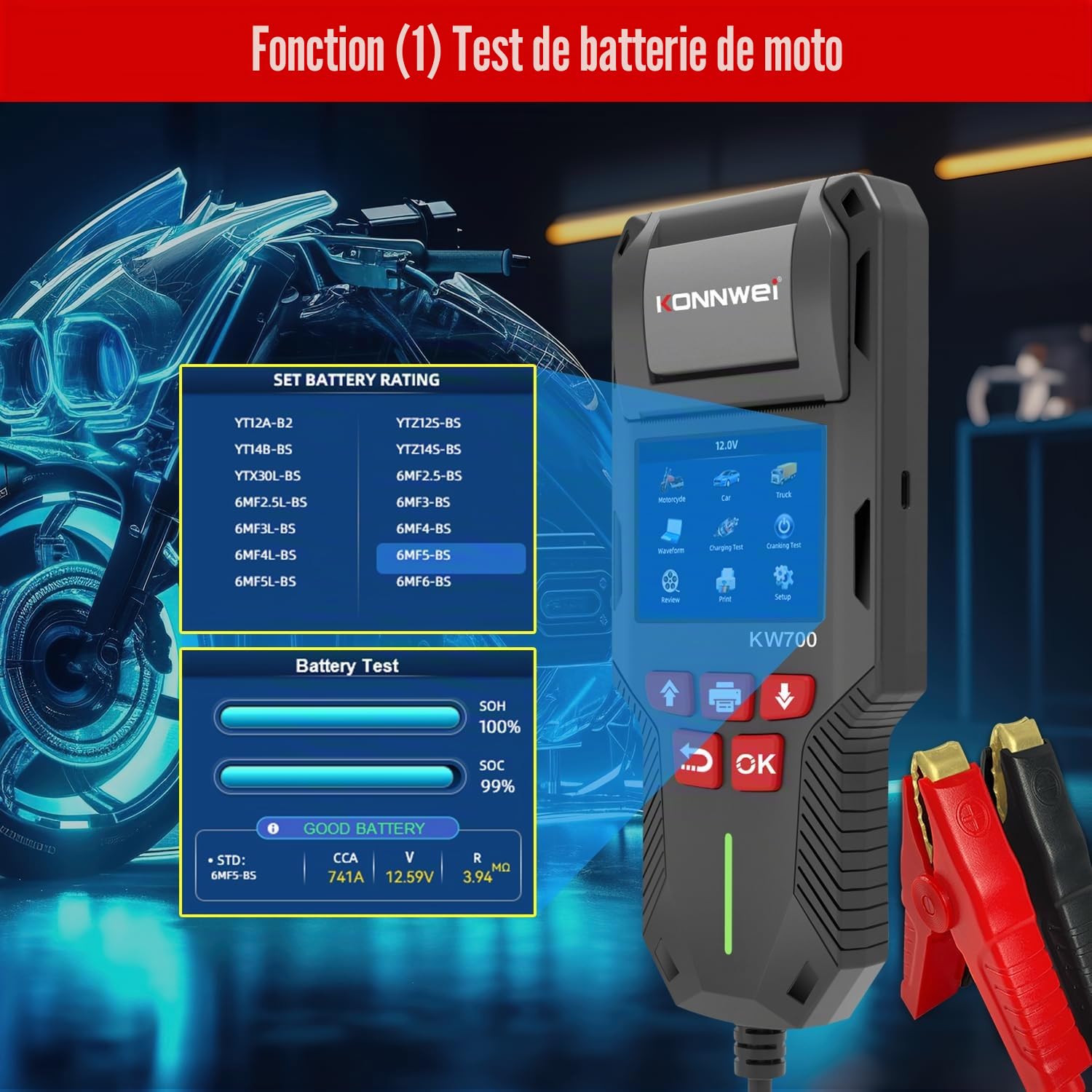 KONNWEI KW700 Testeur Batterie Auto 12V/24V avec Imprimante, Analyseur Batterie Digital pour Voiture, Camion, Moto, AGM/GEL/EFB/Lithium, CCA/EN/DIN, Start-Stop, Diagnostic Charge & Démarrage