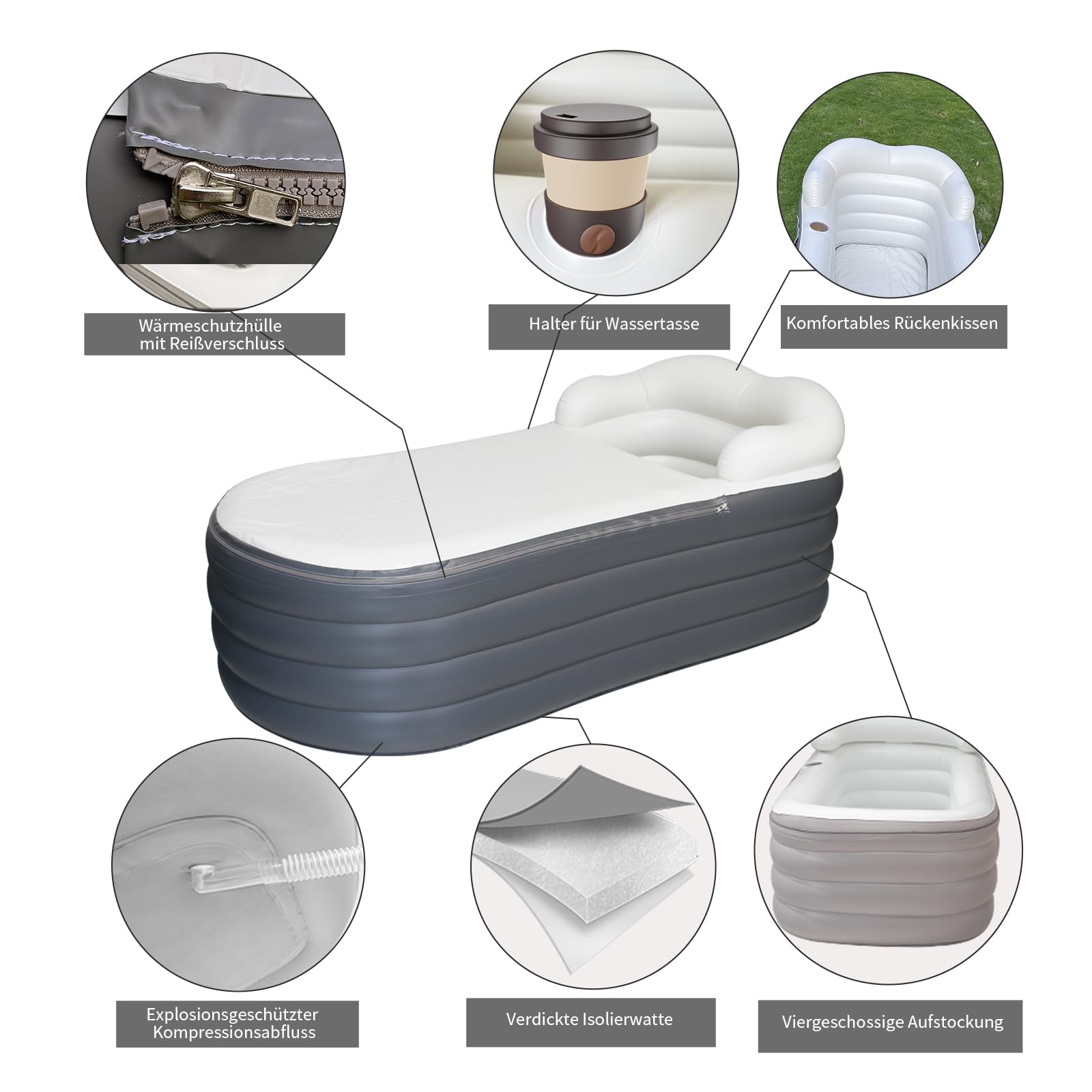 Baignoire gonflable pour adulte - Grande baignoire à glace portable - Spa - Baignoire de trempage avec housse à fermeture éclair (Gris foncé, 168x76x68cm)