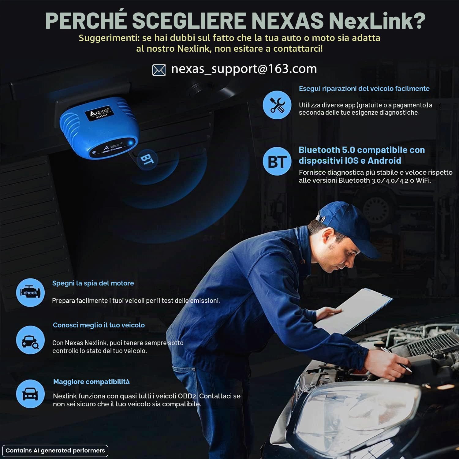 AUTOPHIX NexLink Bluetooth 5.0 OBDII Scanner per iPhone e Android e Windows, Lettore di Codici diagnostici, Strumento di analisi Auto per Veicoli Dopo Il 1996 e Soprattutto per Le Moto