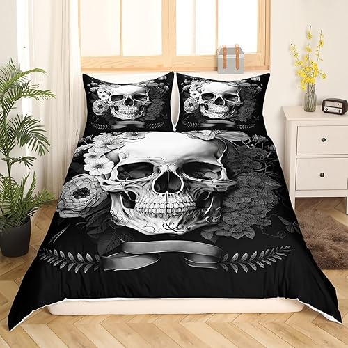 Miniatura 3 de Erosebridal Juego de ropa de cama de calavera de azúcar, funda de edredón tamaño matrimonial con estampado 3D de calavera gótica, funda de edredón