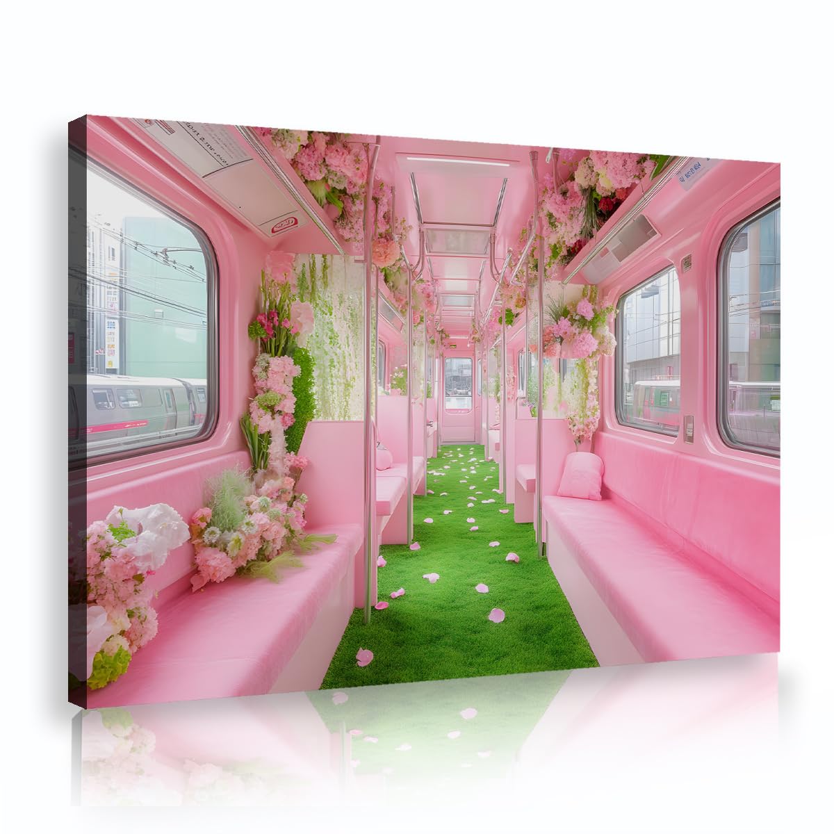 TOANGWALL Pink Cherry Blossom Train Canvas Wall Art Floral Carriage Abstract Painting Green Grass Poster Mural Framed Artwork Pictures Illustration Print For Playroom Studio Decor 75x115cm