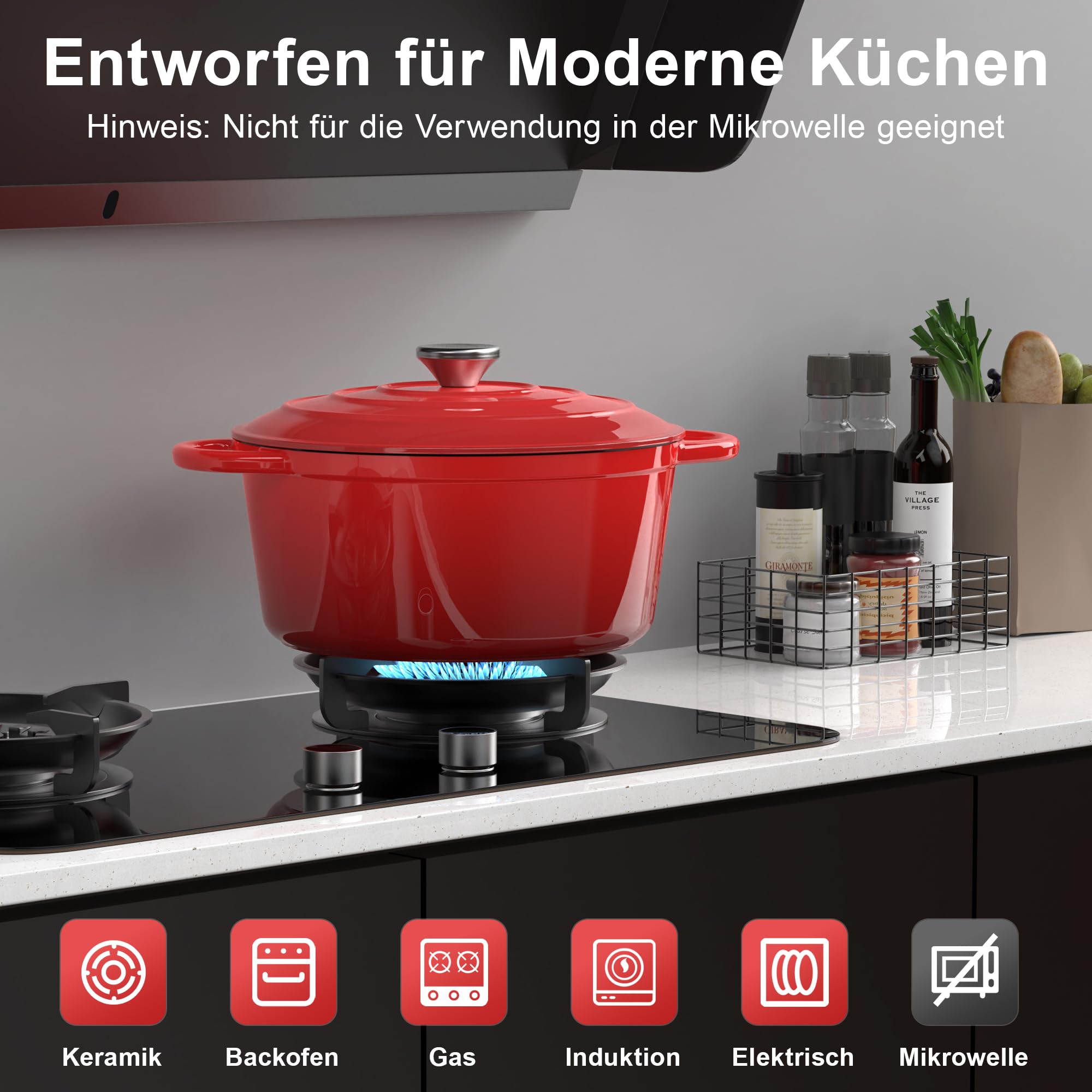 Gusseisen Topf Brotbackform, 26cm 5L Topbooc Dutch Oven Brot Backen, Rot | Backofen, Gasherd, Induktionsherd, Emaille Schmortopf Gusseisenpfanne mit Deckel, Gusseisentopf Bräter Brotbacktopf