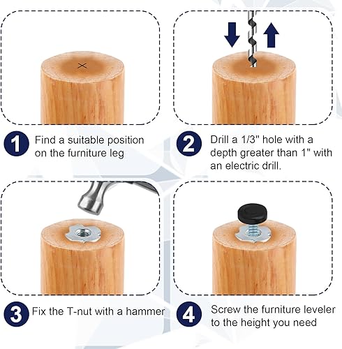 Miniatura 7 de Niveladores de pies de muebles de rosca de 1/4 pulgadas, 12 piezas ajustables de acero galvanizado negro redondo para muebles, nivelación para mesa,