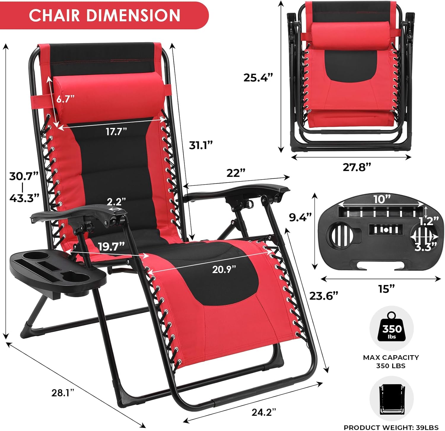 MAMIZO Padded Zero Gravity Chair, Set of 2 Foldable Outdoor Patio Recliner, Anti Gravity Adjustable Lounger w/Removable Pillows and Cup Holder Side Tables, 350 LBS (Red)