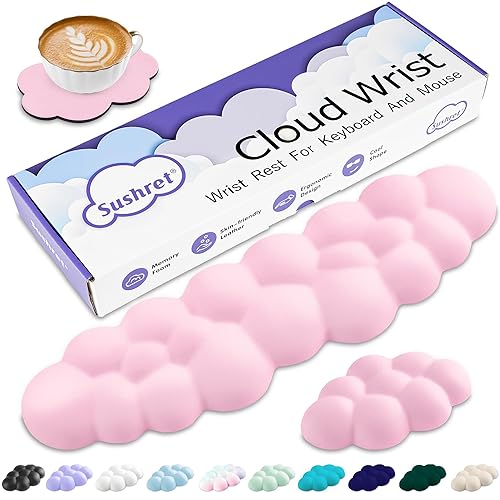 Sushret Cloud Wrist Rest Keyboard, Cloud Keyboard Wrist Pad Set with PU Leather Memory Foam, Cute Arm Rest for Palm Support, PC/Gaming Desk Accessories/Office Setup/Computer Hand Cushion - Pink - 03 Pink - Full Size