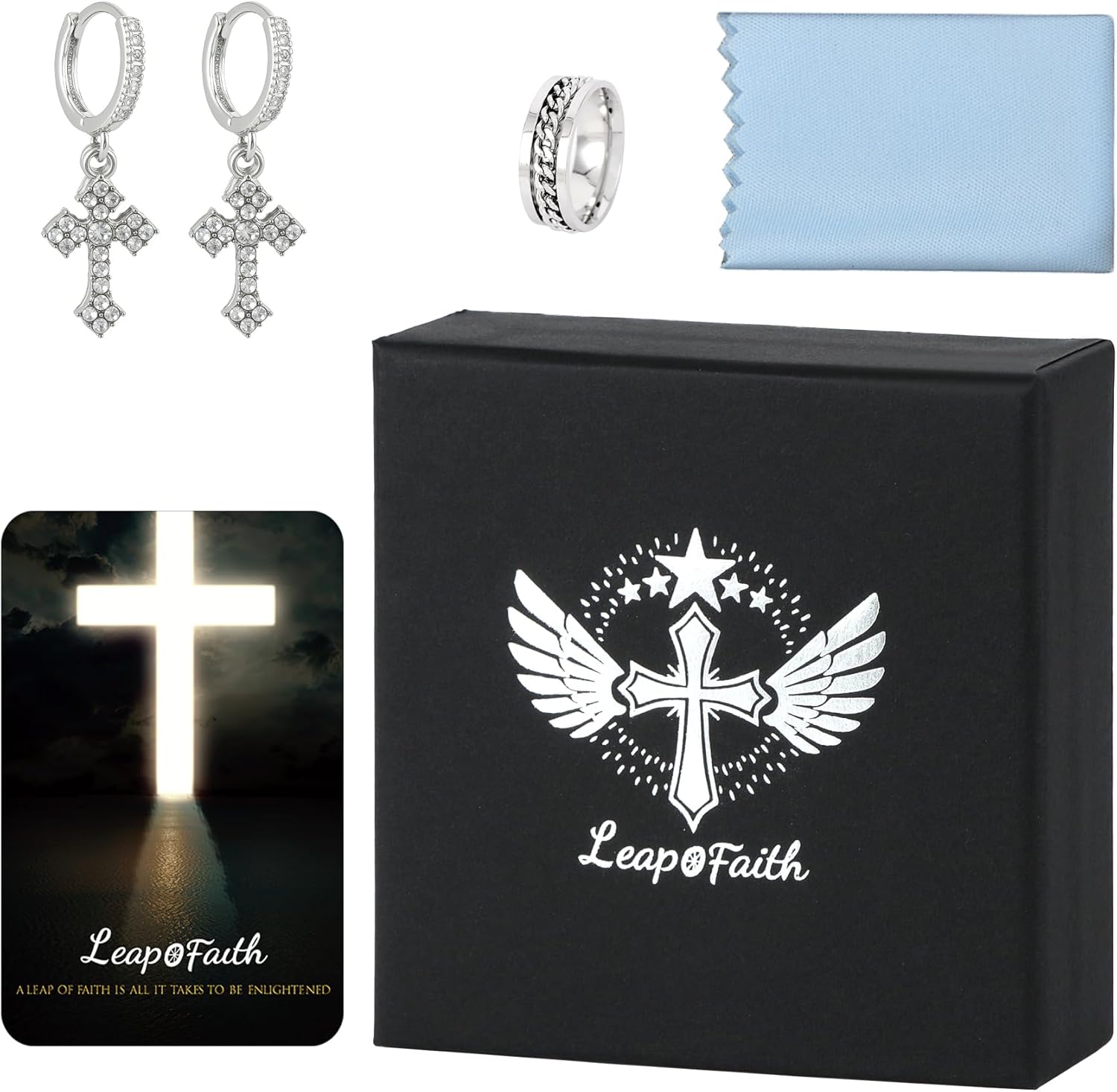 Rhinestone Cross Earrings Men Stainless Steel Small Hoop Earring Dangle Adult Fashion Huggie Piercing Jewelry Earrings for Party Birthday, Silver - Image 5