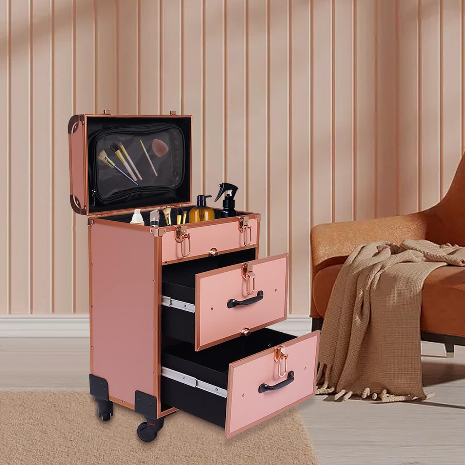 Makeup Train Case, 3 Layers Professional Professional Rolling Makeup Trolley with Adjustable Dividers, Nail Storage Organizer, Jewelry Travel Cosmetic Train Case with 4 Wheels & Locks