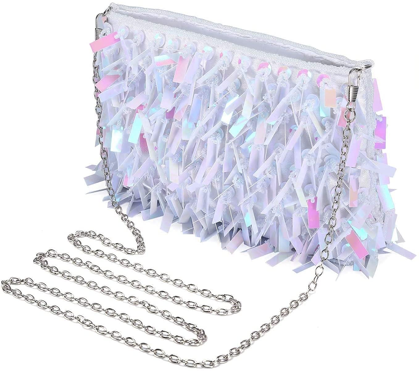 RajoNN Damen-Abendhandtaschen, Clutch-Tasche, Damen-Pailletten-Umhängetasche, kleine Umhängetasche, Kettentasche, Hochzeit, Party, Disco (Silber) (weiß)