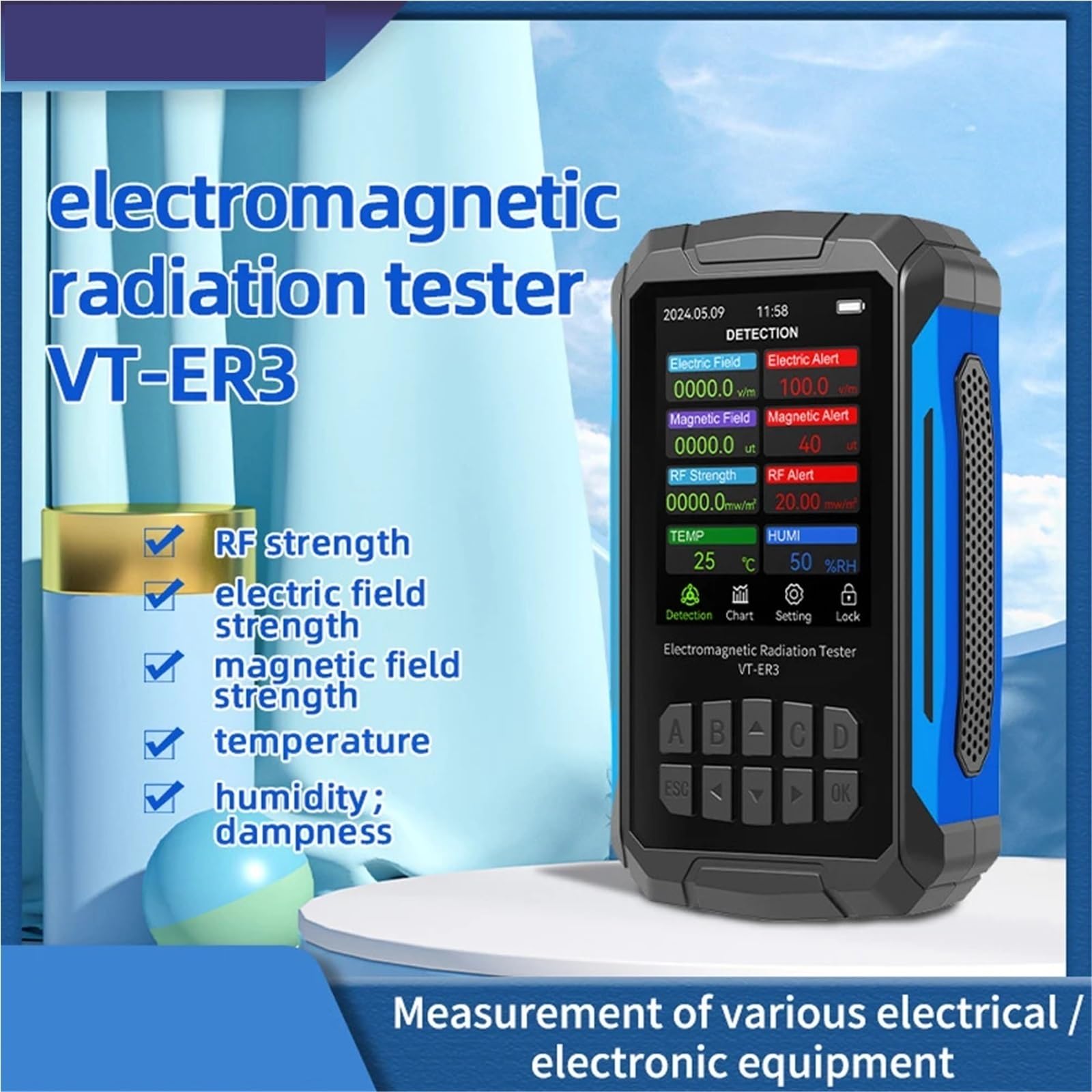 Medidor de campos electromagnéticos Detector De Radiación Electromagnética 5 En 1, Campo Eléctrico, Intensidad Magnética, Temperatura, Humedad, Medidor Emf para construcciones(WHITE)