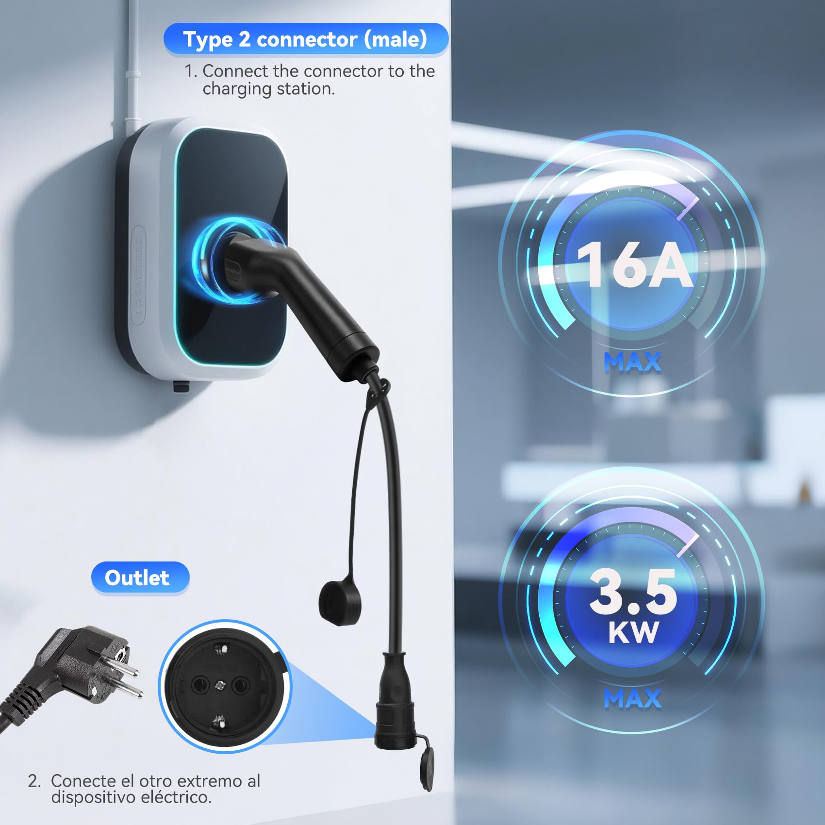JULIK Adapter typu 2 na Schuko, 3,5 kW, 16 A, 230 V, typ 2 IEC 62196 EV, kabel ładujący, stacja ładująca, Wallbox do gniazdka Schuko, do pojazdów elektrycznych, elektrycznych, elektrycznych, motocykli