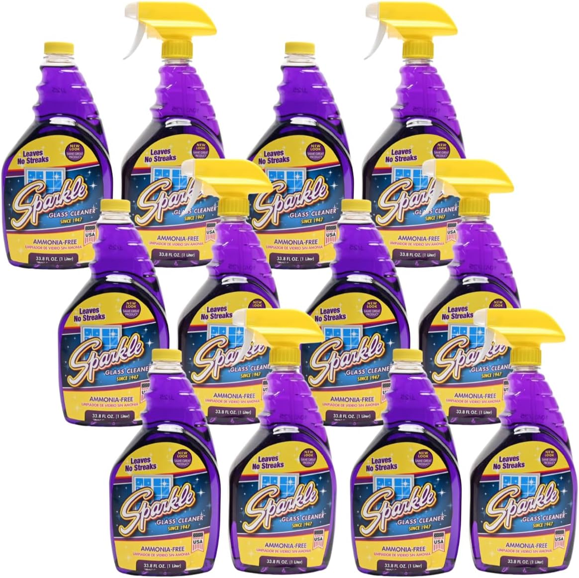 Sparkle Glass Cleaner 1 Spray Bottle 33.8 And 1 Refill 33.8, Ammonia-Free Original Formula Heavy Duty Glass Cleaner, Leaves No Streaks (67.6 Fl Oz,Pack of 6)