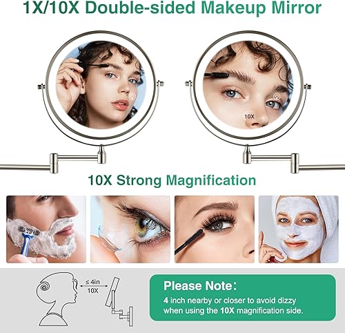 Miniatura 4 de Espejo de maquillaje recargable montado en la pared de níquel cepillado, espejo de aumento de 8.5 pulgadas con luces de doble cara 1X10X 360