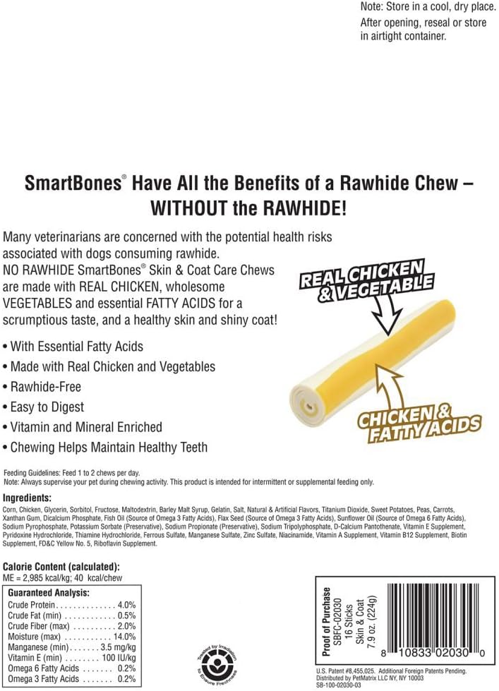 SmartBones Skin And Coat Care Sticks 16 Count, Rawhide-Free Chews For Dogs, With Omega Fatty Acids : Pet Supplies